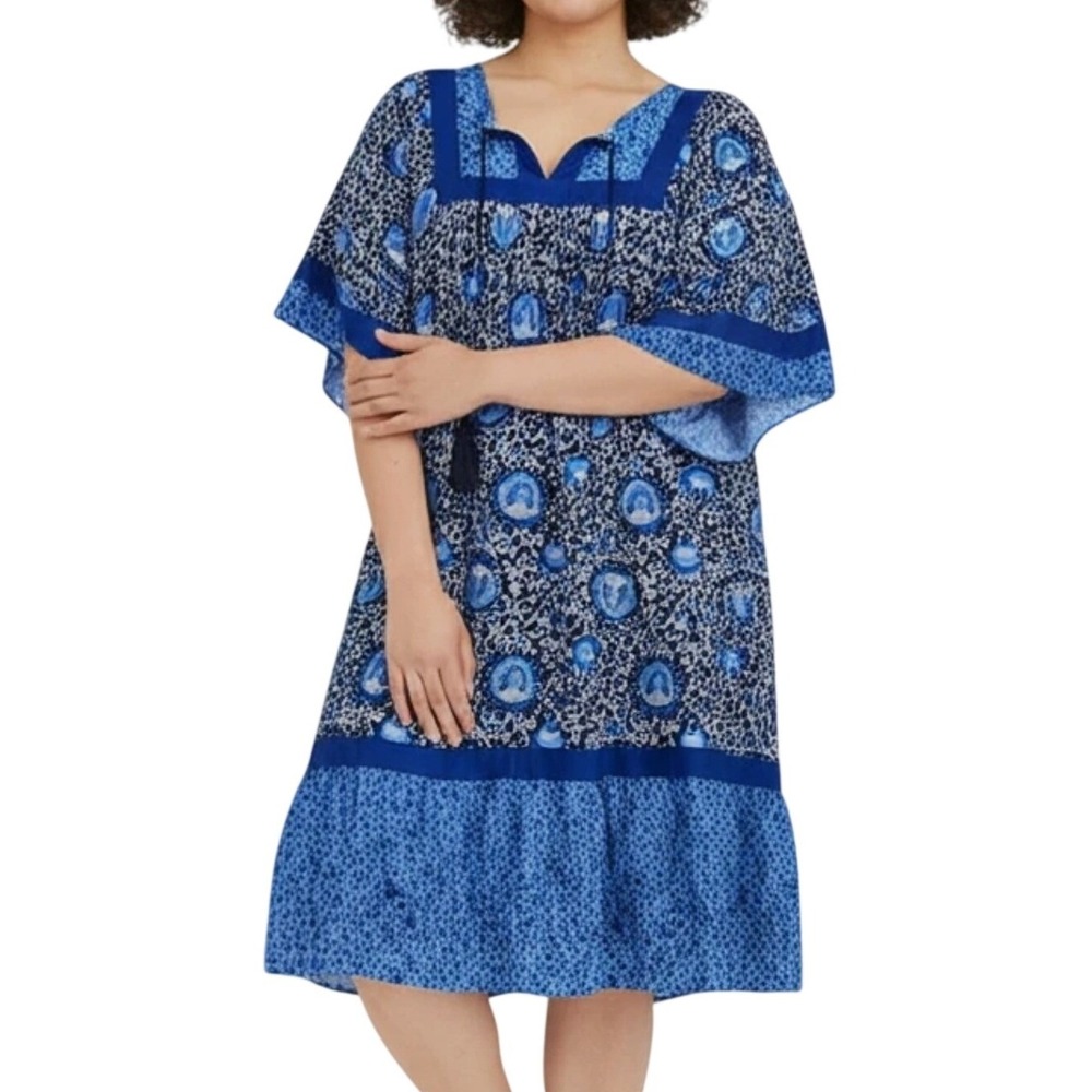 Old Navy Crafted Navy Floral‎ Boho Midi Dress Blue Tassel Tie Neck Womens M NEW